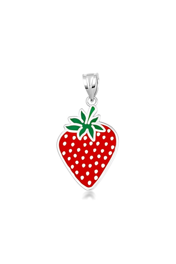 925 Sterling Silver Enamel Strawberry Fruit Pendant Necklace Size Small (16 Inches)