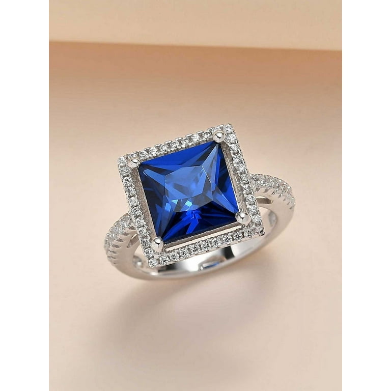 925 Sterling Silver Engagement Ring, Blue Sapphire Statement Ring