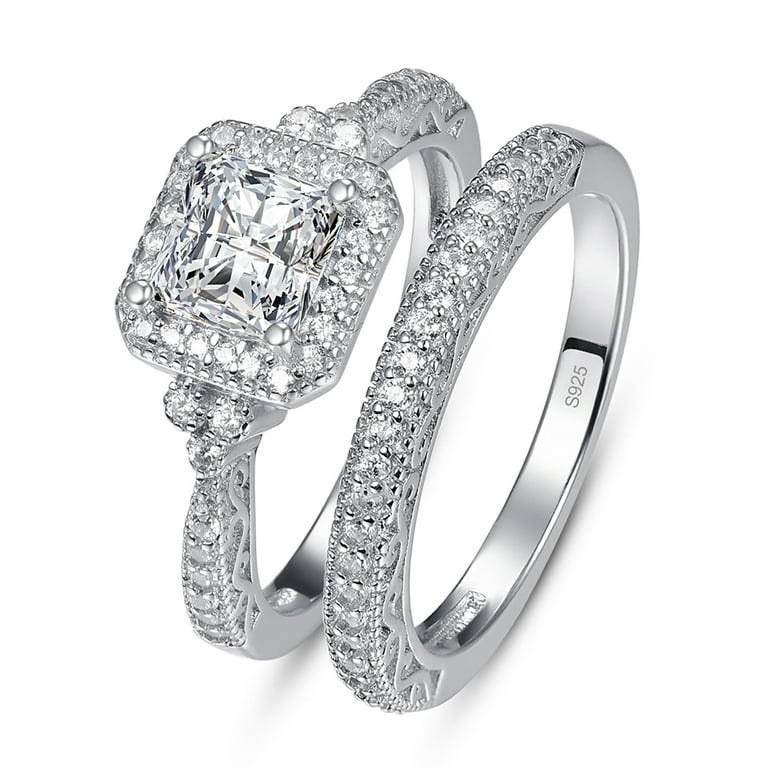 925 Sterling Silver Engagement Ring Set for Women Princess Cut