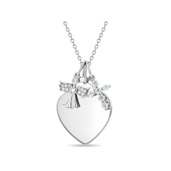 925 Sterling Silver Engravable Heart Shape Tag CZ Angel & Cross Pendant Necklace