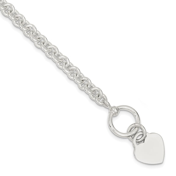 925 Sterling Silver Engraveable Heart Disc on Fancy Link Toggle Bracelet