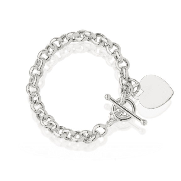 925 Sterling Silver Engraveable Heart Single Link Chain Charm Bracelet Toggle Clasp