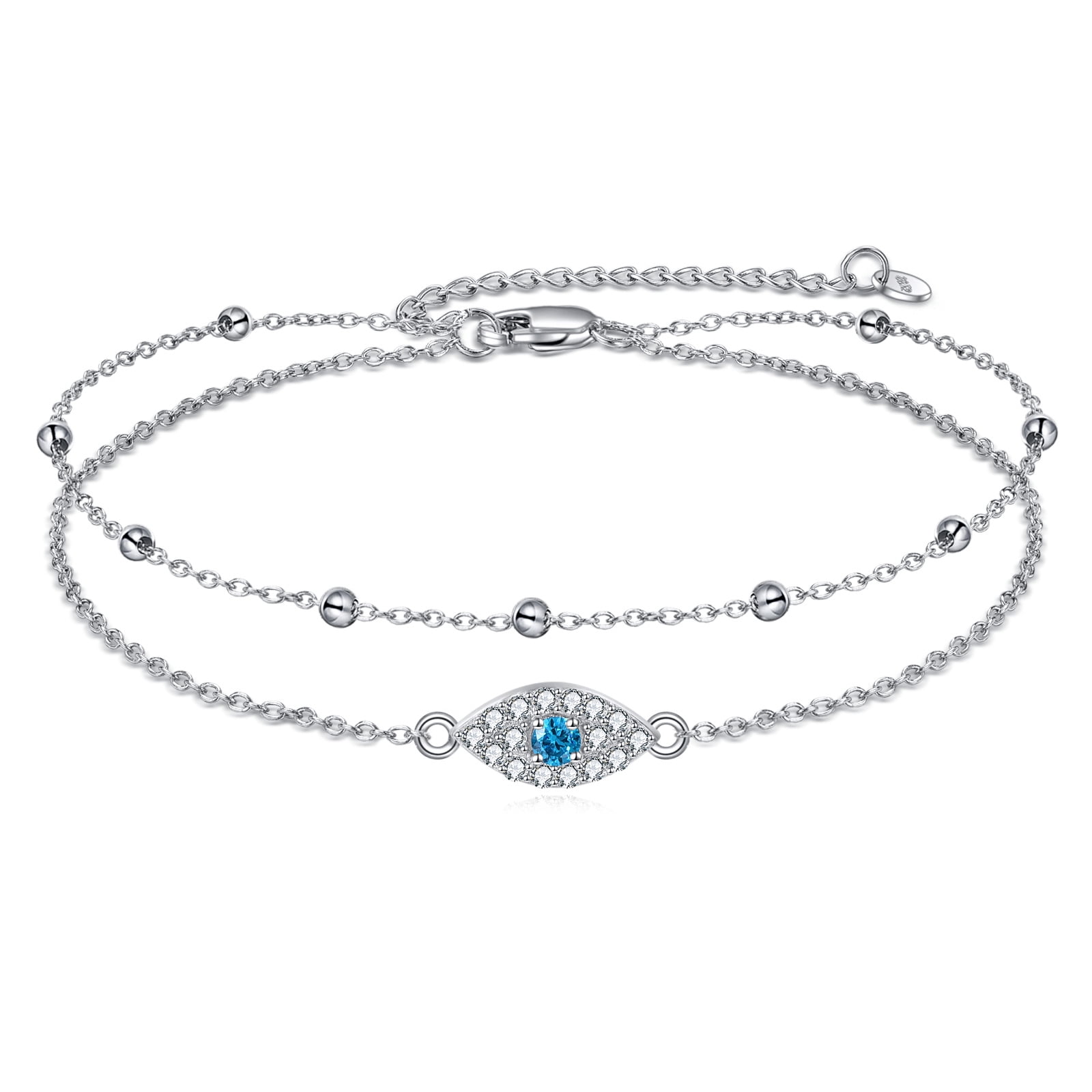 925 Sterling Silver Evil Eye Anklets Double Layered Chain for Women Summer Beach Jewelry
