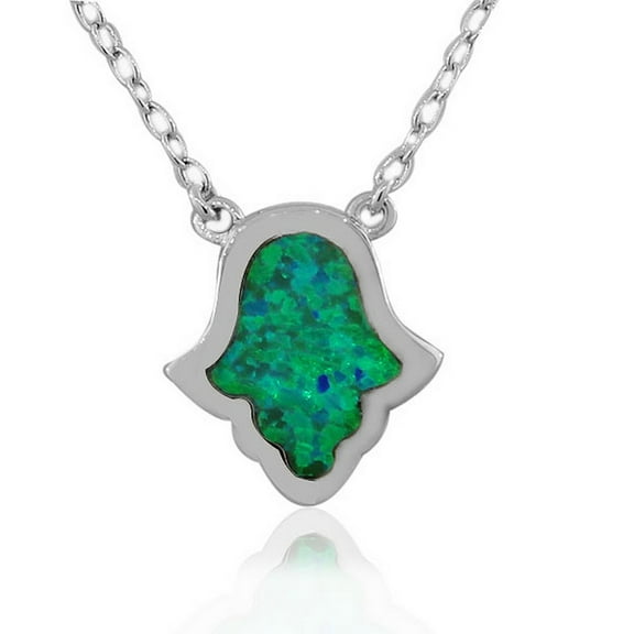 925 Sterling Silver Evil Eye Hamsa Blue Turquoise-Tone Simulated Opal Pendant Necklace