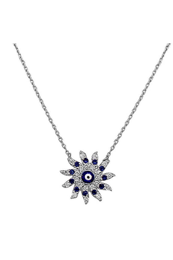 925 Sterling Silver Evil Eye Hamsa Flower Sun White Blue CZ Womens Pendant Necklace