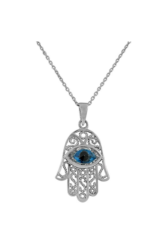 925 Sterling Silver Evil Eye Hamsa White Blue CZ Filigree Womens Pendant Necklace
