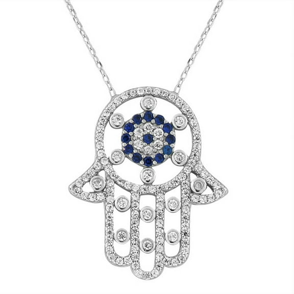 925 Sterling Silver Evil Eye Hamsa White Blue CZ Large Womens Pendant Necklace