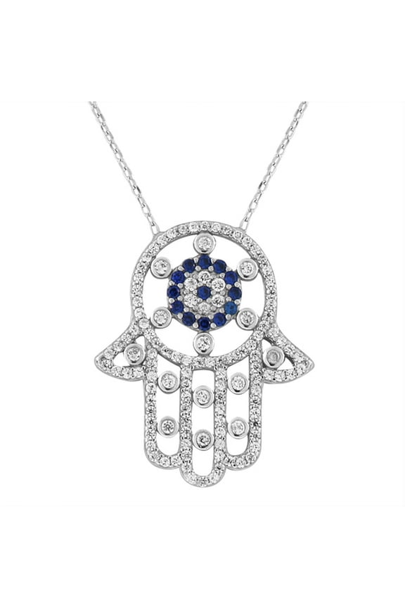 925 Sterling Silver Evil Eye Hamsa White Blue CZ Large Womens Pendant Necklace