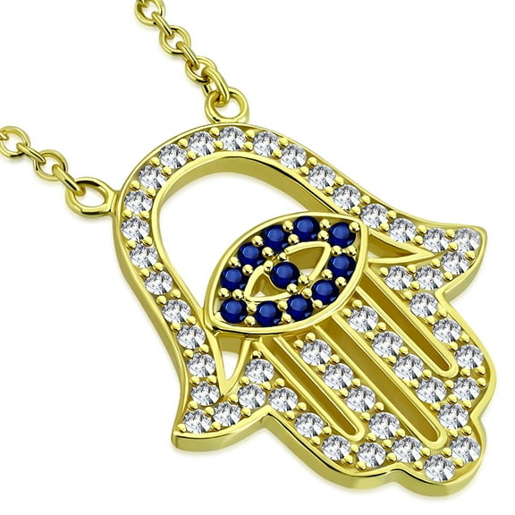 925 Sterling Silver Evil Eye Hamsa White Blue CZ Womens Pendant Necklace