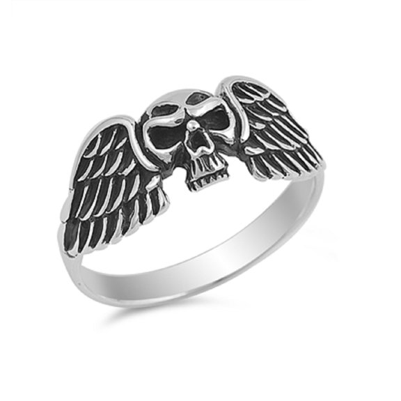 925 Sterling Silver Evil Wings Skull Ring Size 9