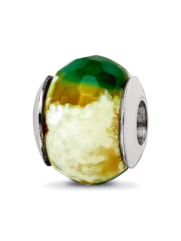 925 Sterling Silver Faceted Polished Oxidized Reflections Green Cracked Agate With Shell Stone Bead Charm 12.73x10.91mm