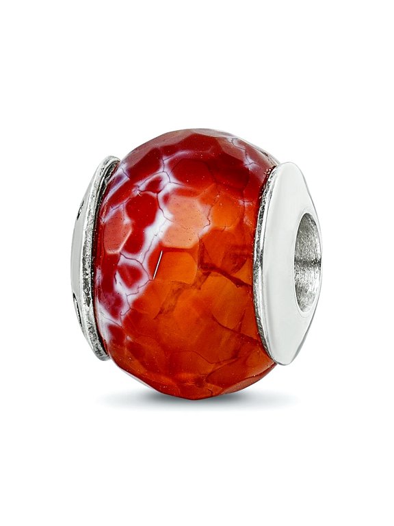925 Sterling Silver Faceted Polished Oxidized Reflections Red Cracked Agate With Shell Stone Bead Charm 12.73x10.91mm Wi