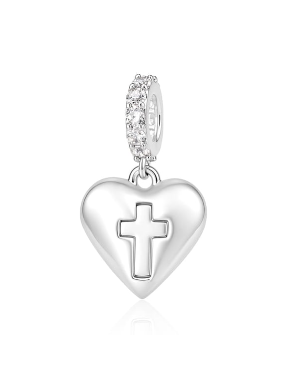 925 Sterling Silver Faith Heart Cross Dangle Charm For Bracelets & Bangle Pendant Jewelry