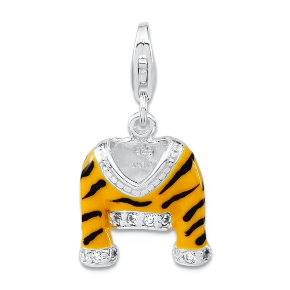 925 Sterling Silver Fancy Lobster Closure CZ Polished Enamel Tiger Jacket With Lobster Clasp Charm 29x15mm Pendant Neckl