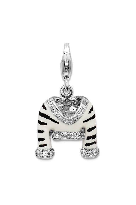 925 Sterling Silver Fancy Lobster Closure CZ Polished Enamel Zebra Jacket With Lobster Clasp Charm 28x15mm Pendant Neckl