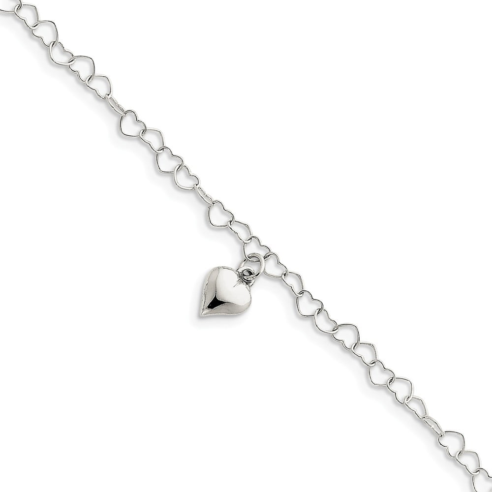 FJC Finejewelers Sterling Silver Polished Fancy Link Puffed Heart With 1in Ext. Anklet
