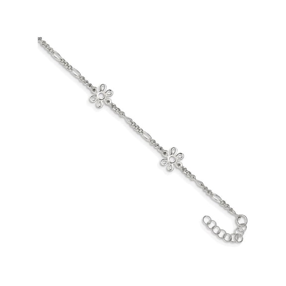 925 Sterling Silver Fancy Lobster Closure Polished Flower With 1inch Ext. Anklet 9 Inch 8mm Wide Anklet for Women