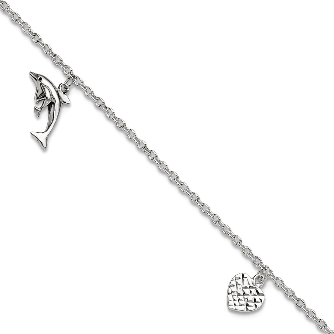 925 Sterling Silver Fancy Lobster Closure Polished Love Heart Star and Dolphin Anklet 9 Inch 2mm Wide Anklet for Women