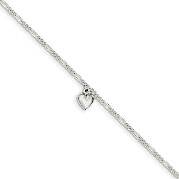 925 Sterling Silver Fancy Lobster Closure Polished Love Heart With 1inch Ext. Anklet 9 Inch 8mm Wide Anklet for Women