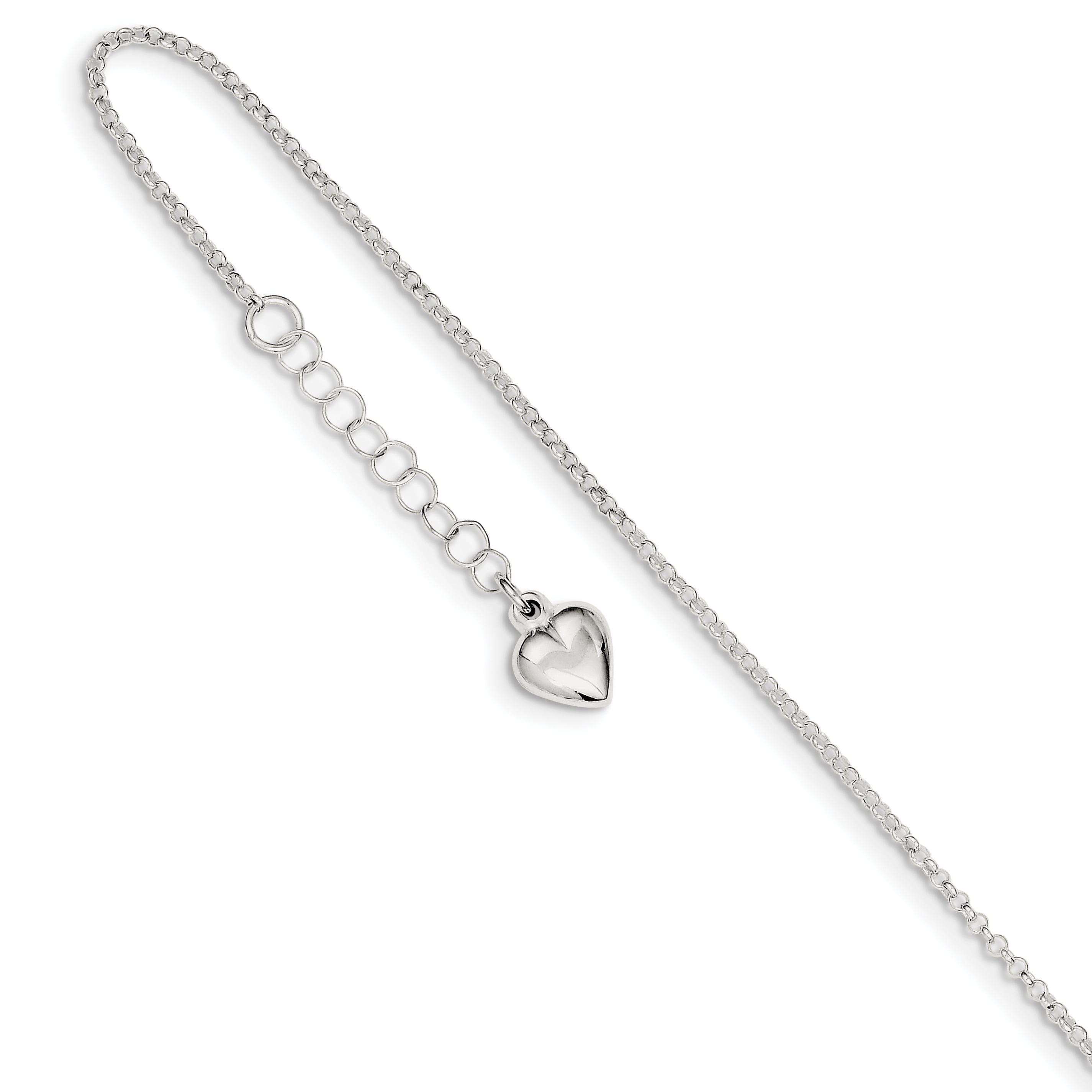 925 Sterling Silver Fancy Lobster Closure Polished Love Heart With 1inch Ext. Anklet 9 Inch 8mm Wide Anklet for Women