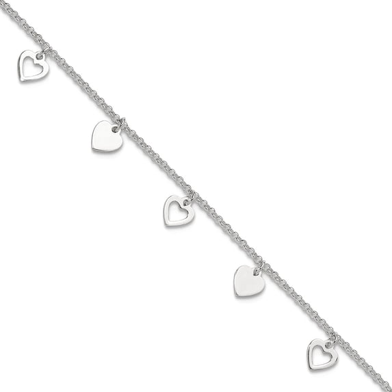 925 Sterling Silver Fancy Lobster Closure Polished Love Heart With 1inch Ext. Anklet 9 Inch 8mm Wide Anklet for Women
