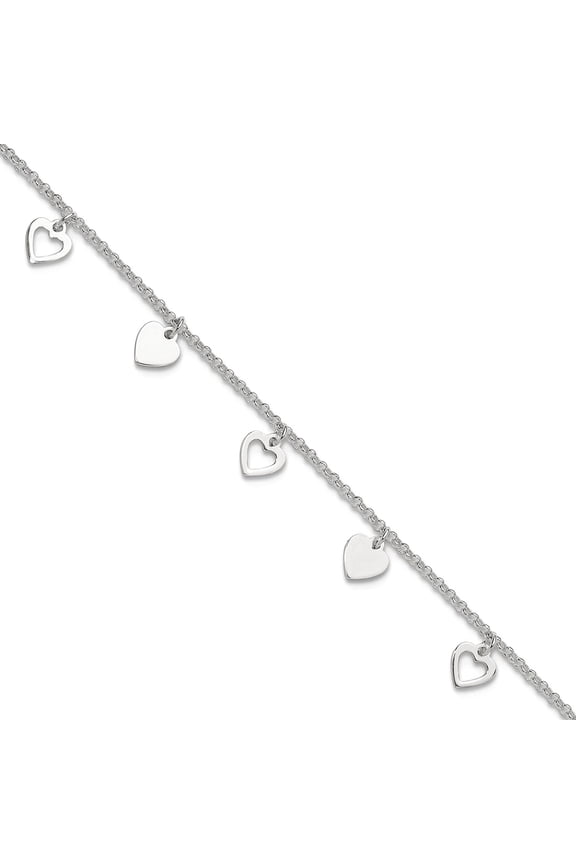 925 Sterling Silver Fancy Lobster Closure Polished Love Heart With 1inch Ext. Anklet 9 Inch 8mm Wide Anklet for Women