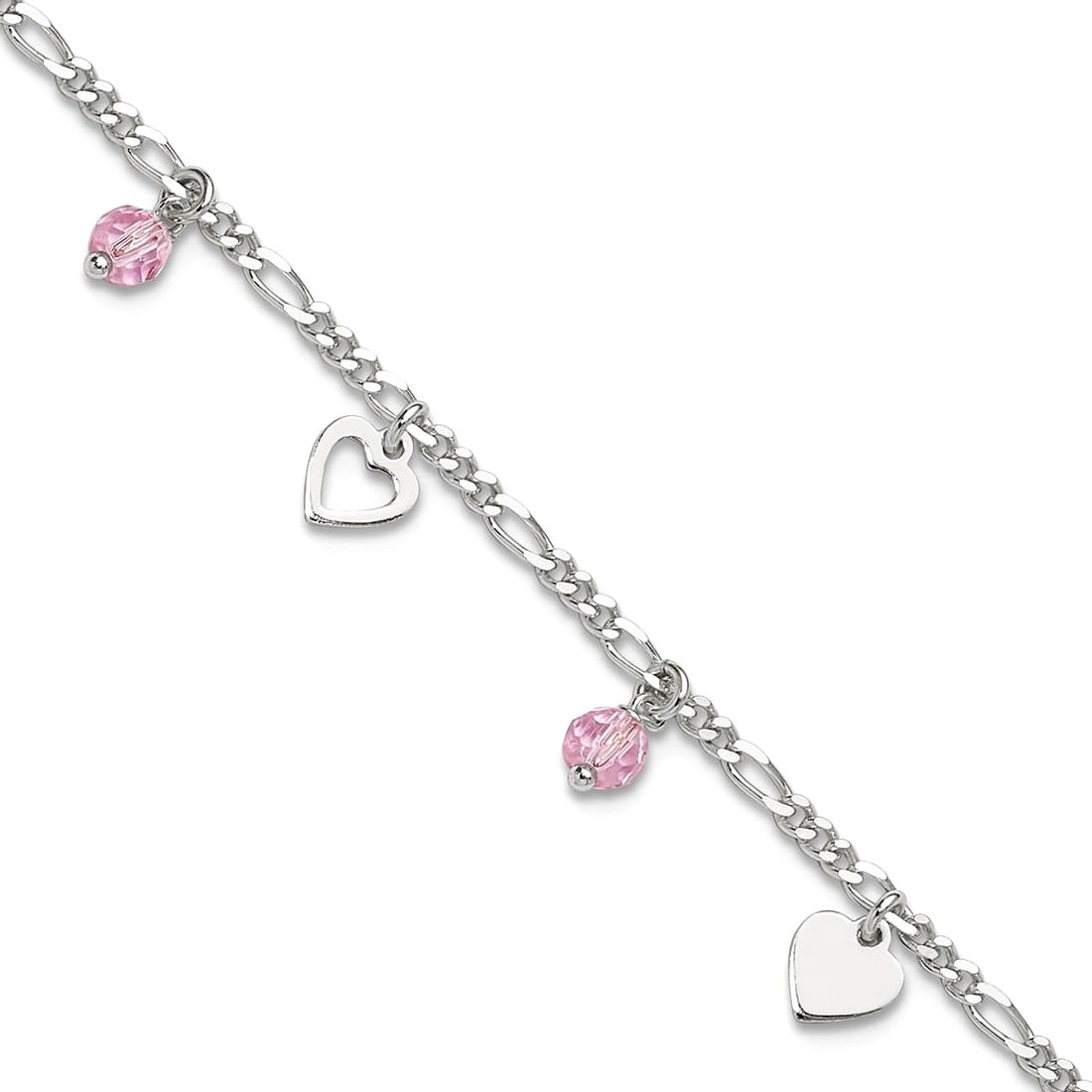 Sterling Silver Pink Glass Beads and Polished Hearts 9 inch Anklet with 1 inch extension QG3150