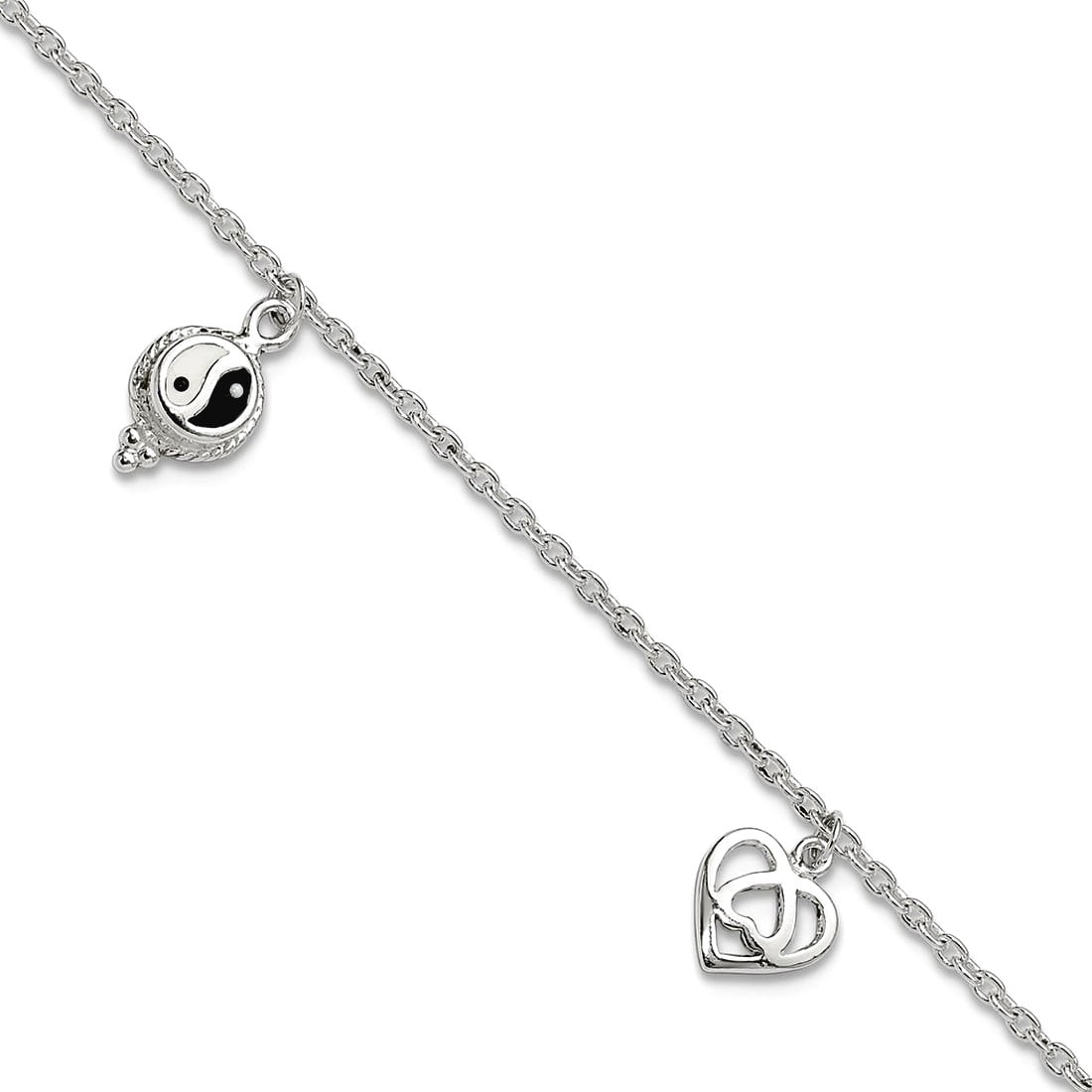 925 Sterling Silver Fancy Lobster Closure Polished Love Hearts and Peace Sign Anklet 9 Inch 2mm Wide Anklet for Women