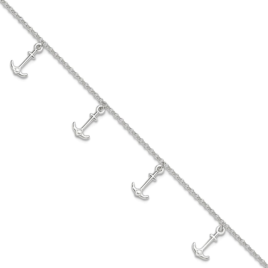 Sterling Silver Polished Anchors With 1inch Ext. Anklet - 3.5 Grams - 9 Inch - Measures 7mm Wide