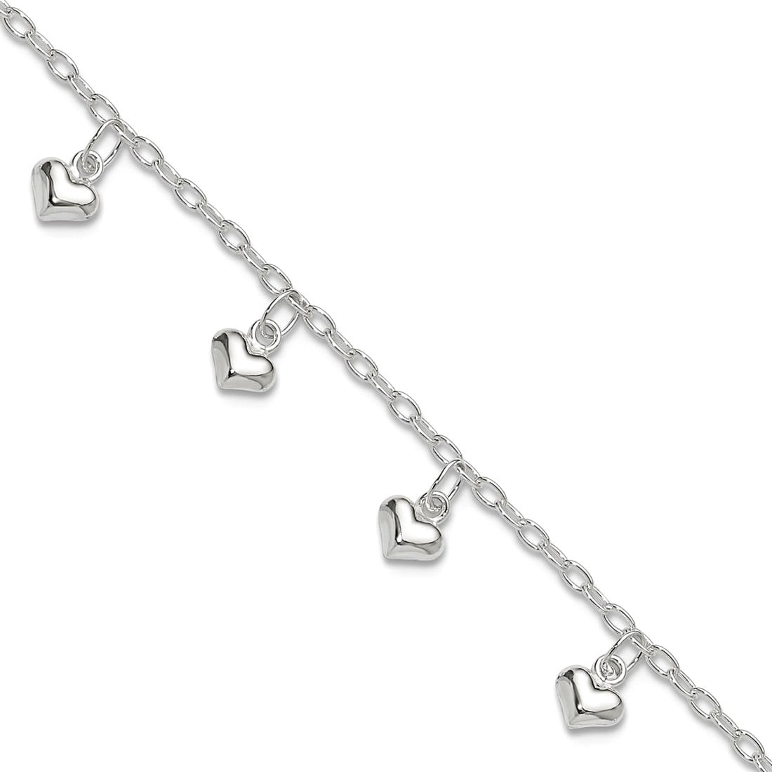 925 Sterling Silver Fancy Lobster Closure Polished Puffed Love Heart Anklet 2mm Wide Anklet for Women
