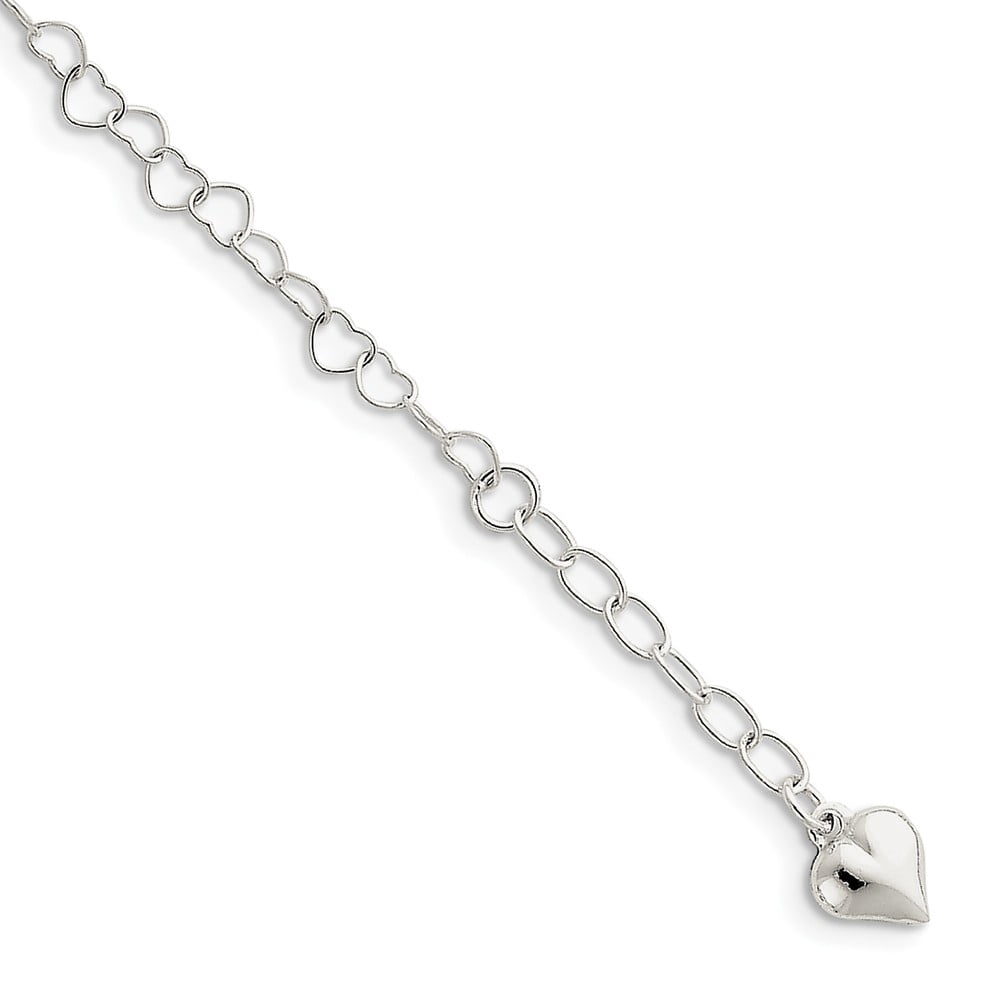 925 Sterling Silver Fancy Lobster Closure Polished Puffed Love Heart With 1inch Ext. Anklet 9 Inch-Anklet for Women