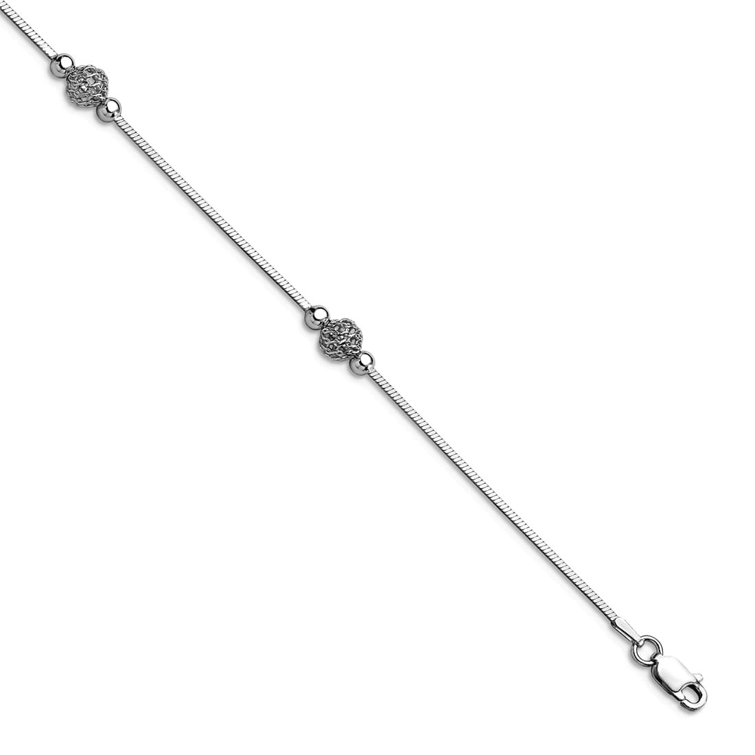 925 Sterling Silver Fancy Lobster Closure Polished and Textured Beaded Anklet With 1inch Ext 9 Inch 2mm Wide Anklet for