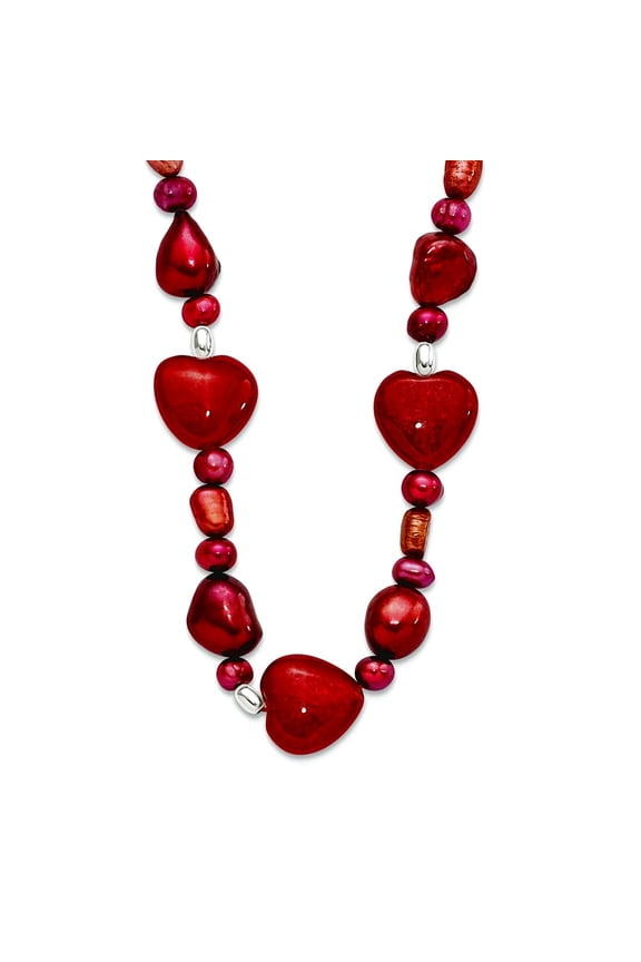925 Sterling Silver Fancy Lobster Closure Red Dyed Jade Love Hearts Freshwater Cultured Pearl Necklace 17 Inch 14mm Wide