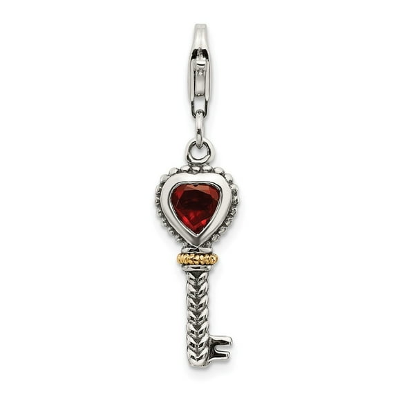 Sterling Silver With 14k Garnet Antiqued Key W Lobster Clasp Charm - .48 cwt - Measures 31x8mm
