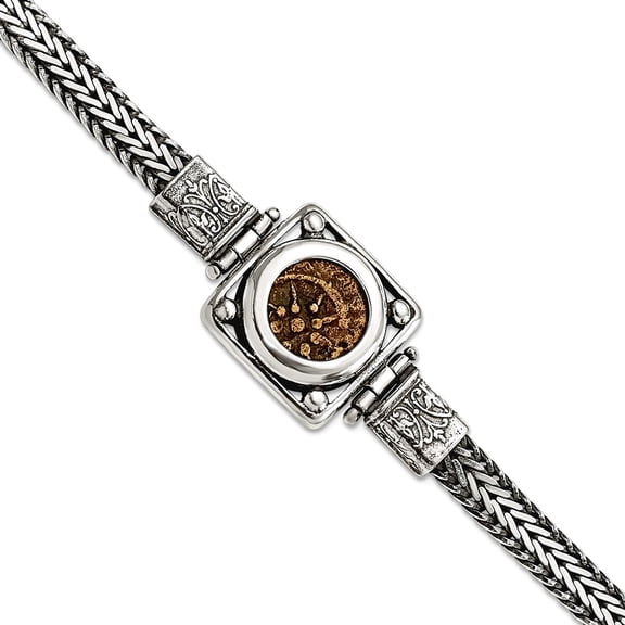 925 Sterling Silver Fancy Lobster Closure and Bronze Oxidized Widows Mite disk Bracelet 7 Inch Link Bracelet for Women
