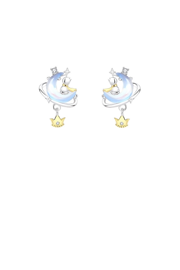 925 Sterling Silver Fashion Creative Little Prince Moon Moonstone Stud Earrings with Cubic Zirconia