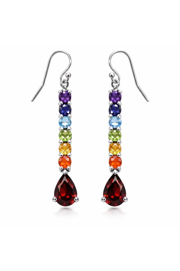Drop Earrings, Multi Genuine Gemstones, Seven Chakras Unique Modern Designer, Sterling Silver, 55 mm, Handmade By Artisans