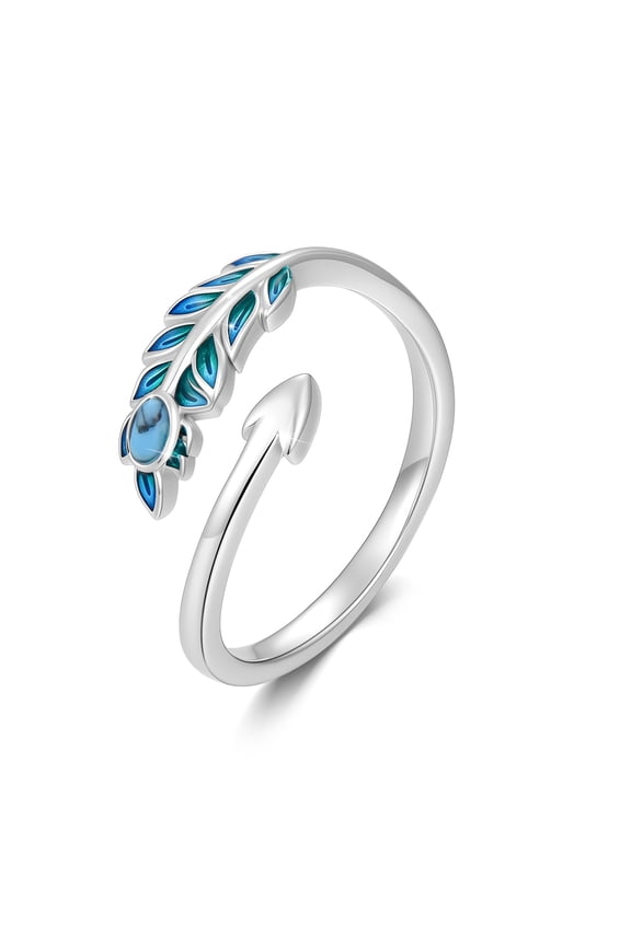 925 Sterling Silver Feather Ring with Turquoise, Adjustable Open Statement Ring, Size 8, Blue Arrow Design, Vintage Style