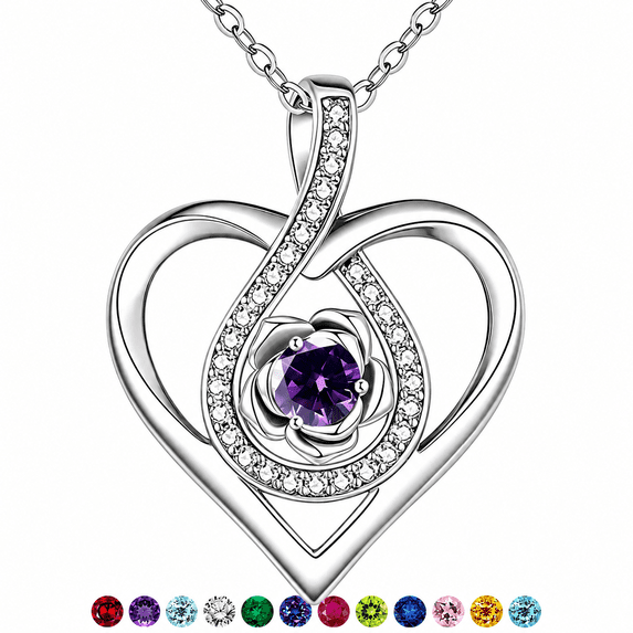 Dainty 925 Sterling Silver February Birthstone Necklace for Women, Rose Flower Heart Pendant Jewelry, Birthday Valentines Gifts for Mom/Wife/Girlfriend