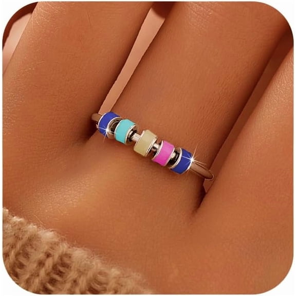 925 Sterling Silver Fidget Anxiety Ring With Colorful Enamel Beads for Women Stress Relief Spinner Ring Anti Anxiety Rotate Stacking Funny Ring Jewelry Birthday Gifts for Mom Daughter