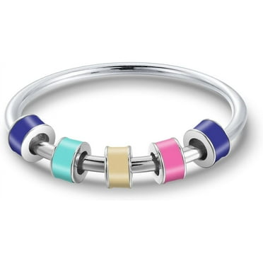 925 Sterling Silver Fidget Ring Anti Anxiety Ring With Colorful Enamel Beads Stress Relief Spinner Ring For Women Men Releases Anxiety Spinning Rotate Stacking Ring Jewelry Graduation Gifts