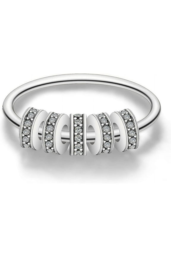 925 Sterling Silver Fidget Ring Anti Anxiety Ring With Zircon Beads Stress Relief Spinner Ring For Women Releases Anxiety Spinning Rotate Stacking Ring Jewelry Graduation Gifts