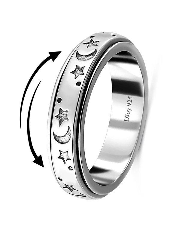 925 Sterling Silver Moon Star Spinner Fidget Anxiety Ring Size - 7