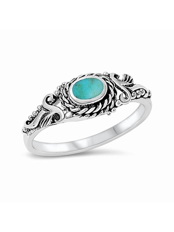 925 Sterling Silver Filigree Design Oval Turquoise Vintage Inspired Oxidized Women Stackable Antique Ring