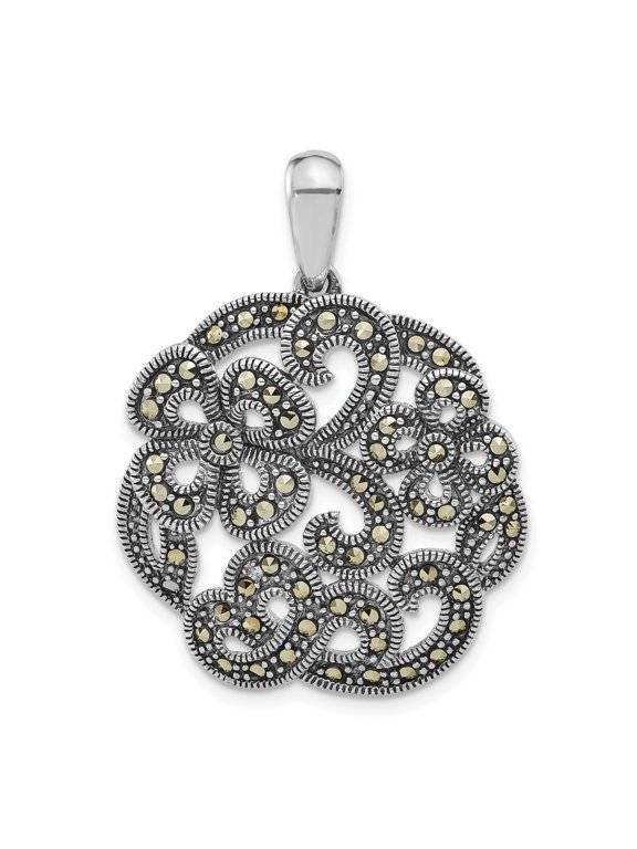 925 Sterling Silver Filigree Heart Scroll Pendant Charm with Marcasite for Women