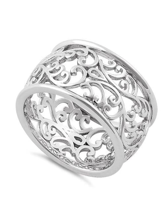 925 Sterling Silver Filigree/Scroll Style Ring for Women Vintage Wide Band