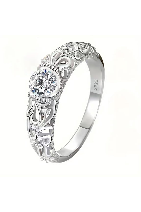 925 Sterling Silver Filigree Solitaire Ring for Women, Antique Scrollwork Openwork CZ Engagement Promise Ring, Hypoallergenic Bridal Jewelry Gift Sizes 9