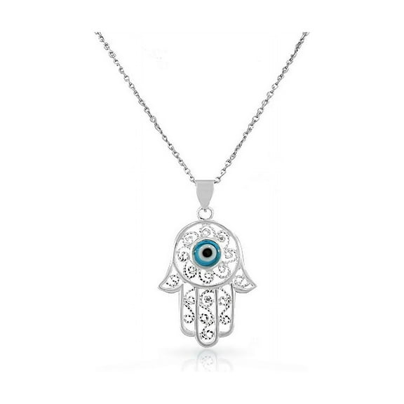 925 Sterling Silver Filigree Womens Blue Evil Eye Hamsa Pendant Necklace
