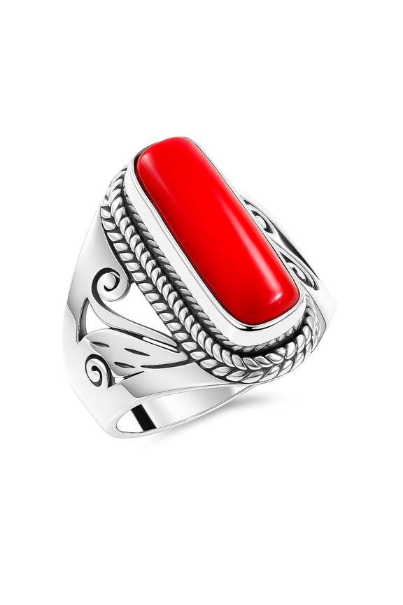 925 Sterling Silver Finger Ring for Women, Coral Gemstone Ethnic Tribal Gypsy Bohemian Tibetan Style Modern Designer Fashion Boho Ring Jewelry Handmade By Artisans, Size M1/2