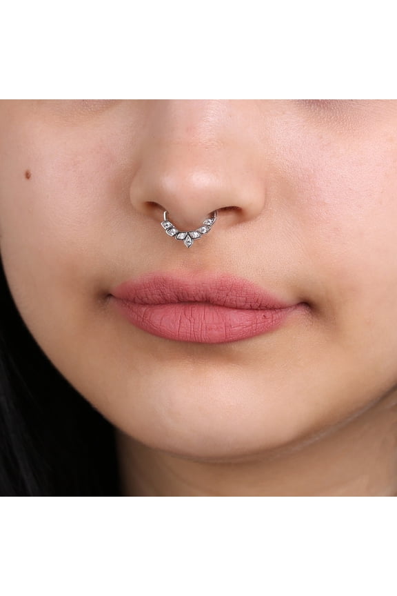 925 Sterling Silver Fire CZ Seamless Hinged Segment Hoop with Forward Facing 7 CZ Leaves - Septum Ring Cartilage, Helix, Daith Piercing Hoop